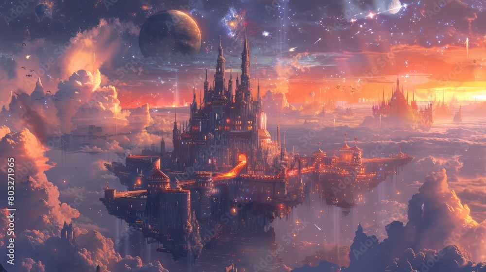 Poster a castle is floating in the sky with a large planet in the background. the sky is filled with clouds