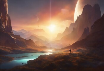 AI generated illustration of a sun sets over mountains & lake in foreground