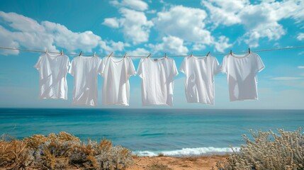 White t-shirt hanging on clothesline against blue sky with clouds