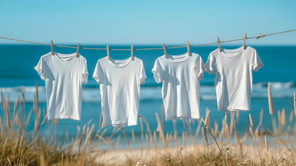 White t-shirt hanging on clothesline against blue sky with clouds