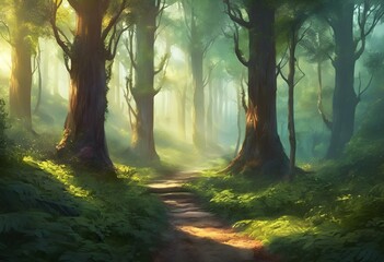 AI generated illustration of sunlight filtering through trees on a forest path