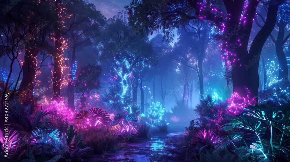 Poster a forest with glowing trees and plants. scene is dreamy and surreal. the idea behind the image is to
