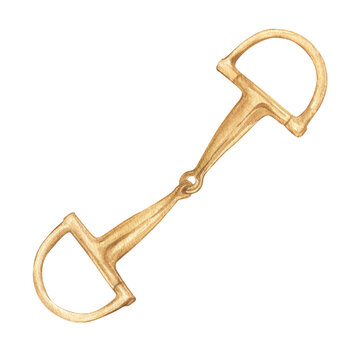Watercolor illustration of golden snaffle D-Ring. Equipment for horse riding. Isolated. For cards, prints, decor