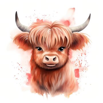 recommend clip art: Baby highland cow. Cute baby cow clipart. Watercolor illustration. Generative AI. Detailed illustration.