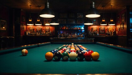 A pool table with a green cloth and a pile of balls on it.