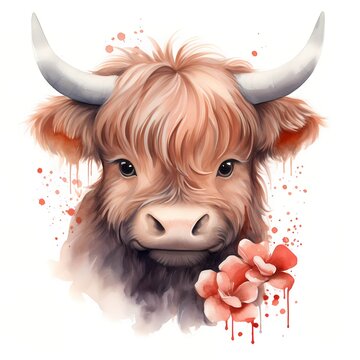 recommend clip art: Baby highland cow. Cute baby cow clipart. Watercolor illustration. Generative AI. Detailed illustration.