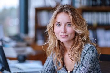 British attorney woman working at her desk in modern office