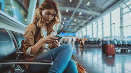 A young woman sits in an airport terminal, waiting for her flight. She is looking at her phone.