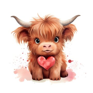 recommend clip art: Baby highland cow. Cute baby cow clipart. Watercolor illustration. Generative AI. Detailed illustration.