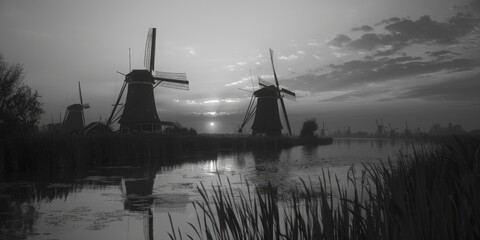 Fototapeta premium A picturesque scene of windmills next to a serene body of water. Ideal for travel brochures or environmental conservation campaigns