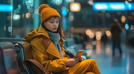 A young woman in a yellow coat and beanie is sitting in an airport, looking at her phone.