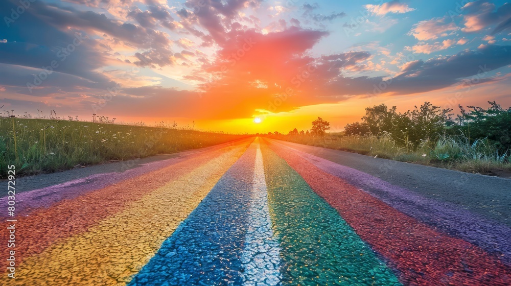 Aufkleber a rainbow is painted on a road, with the sun setting in the background. the colors of the rainbow ar