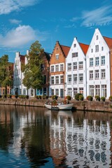 A row of houses situated next to a body of water. Ideal for real estate and travel concepts