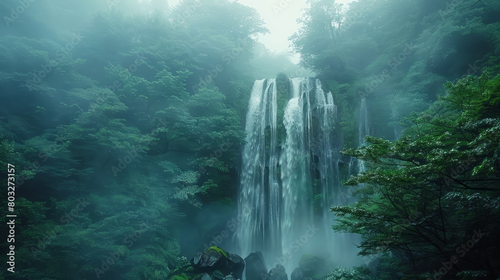Poster a waterfall is surrounded by trees and the sky is cloudy