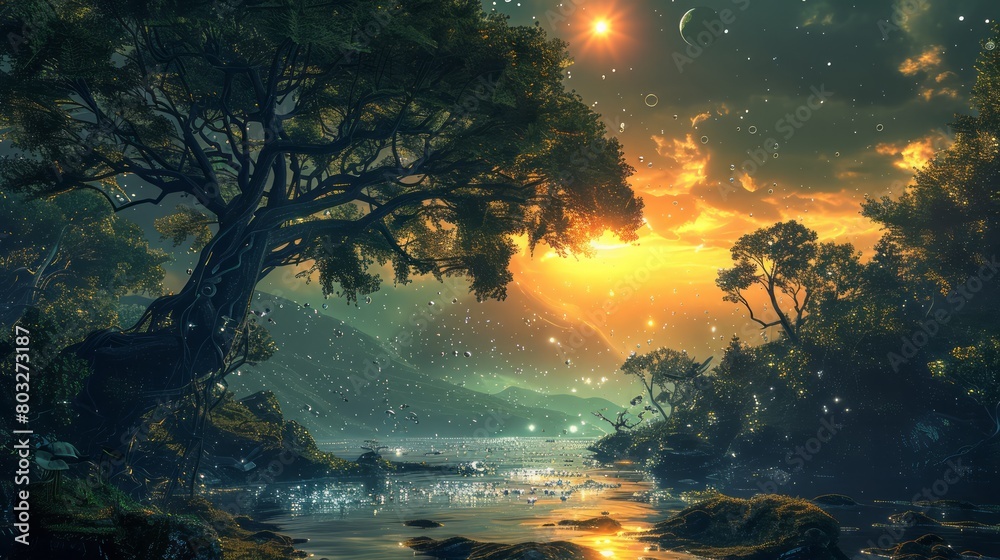 Poster A forest with a tree in the foreground and a sun in the background. The sun is setting and the sky is filled with stars