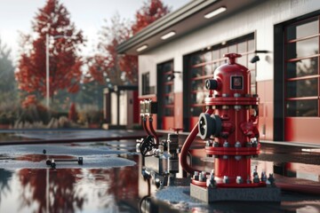 A red fire hydrant positioned in front of a building, suitable for urban and safety concepts