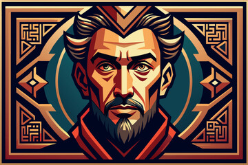 Stylized portrait of a man with a beard and geometric designs