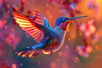 Fototapeta premium Zoom in on a hummingbird in mid-flight, featuring vibrant iridescent feathers frozen in time, showcasing stunning details at eye-level