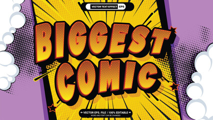 Biggest comic pop art style vector 3d text effect with comic book backdrop illustration