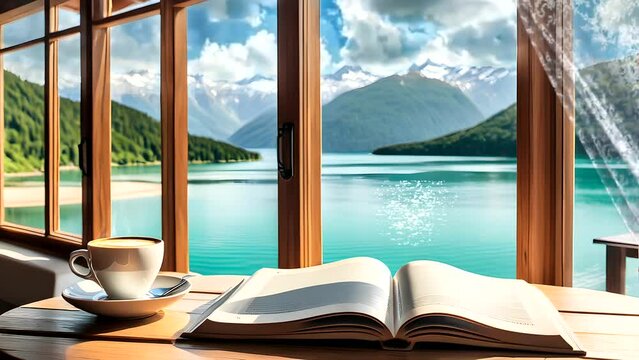 Hot coffee and book on table with lake view in the mountains from window