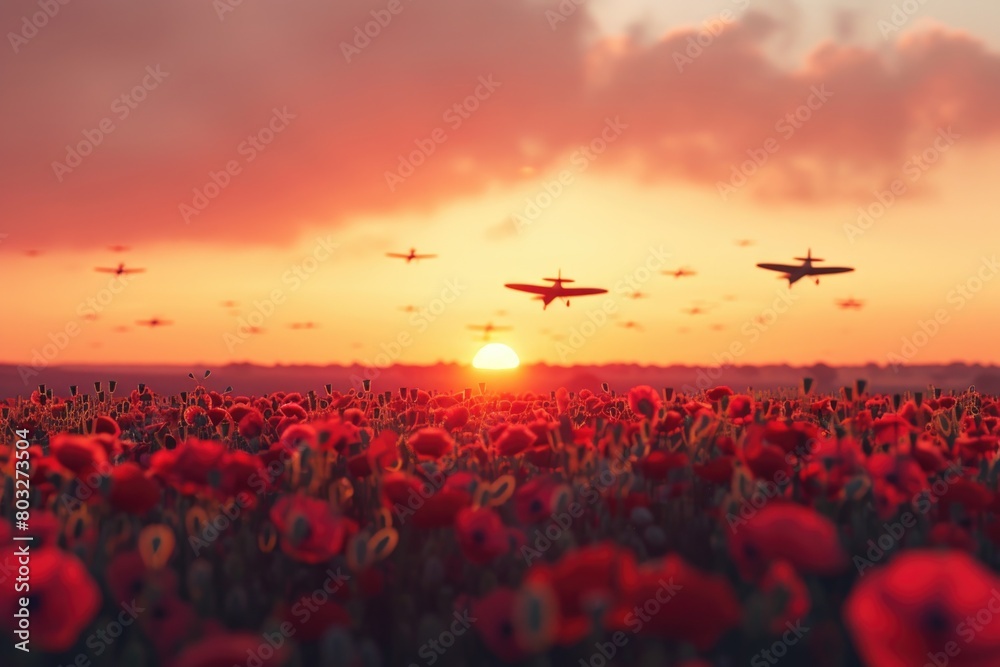 Poster beautiful field of red poppies with airplanes flying in the sky. suitable for travel and nature conc