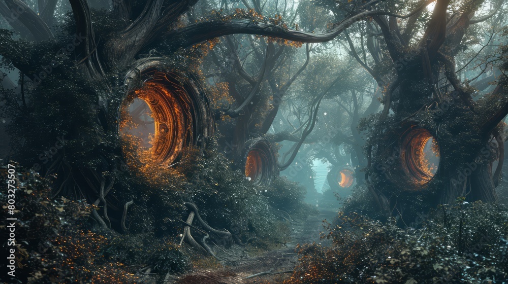 Aufkleber A forest with two large trees with circular holes in them. The trees are surrounded by a lot of foliage and the sky is cloudy