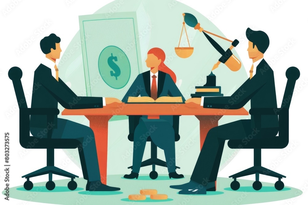 Poster a group of people sitting at a table in front of a picture. suitable for office or team meeting conc