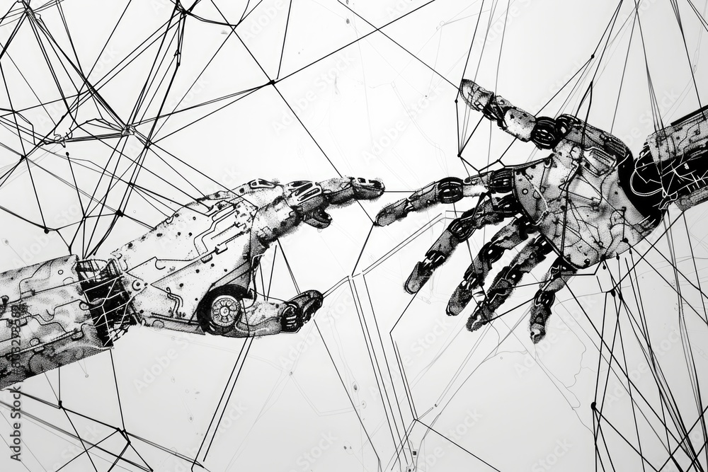Poster Close-up drawing of two hands touching. Suitable for concepts of connection and support