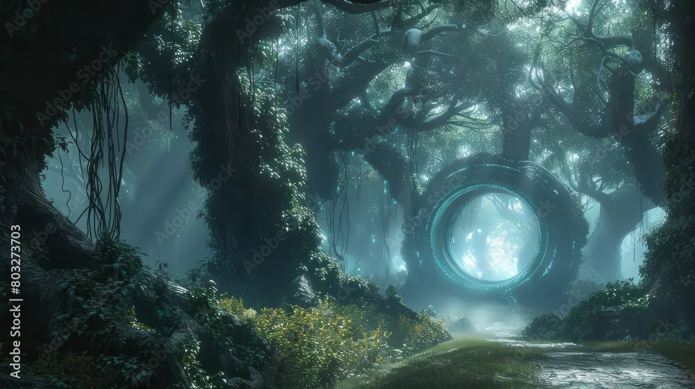 Poster A forest with a large, glowing circle in the middle. The trees are dark and the sky is cloudy