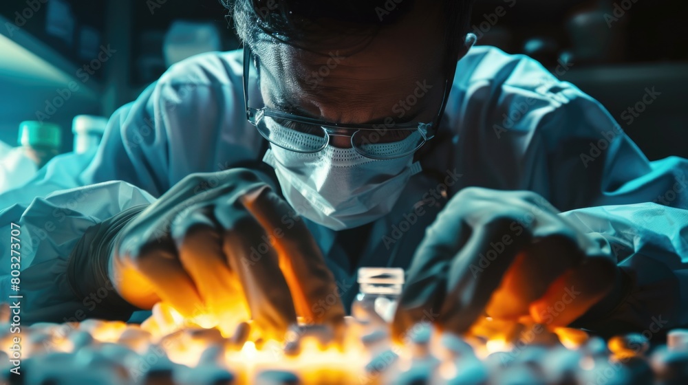 Poster A man in a lab coat working on a piece of electronic equipment. Suitable for technology and science concepts