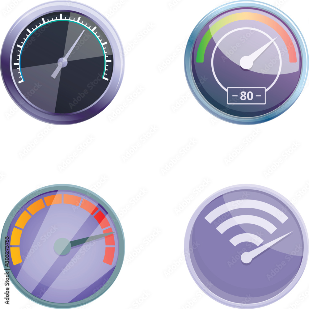 Poster modern speedometer icons set cartoon vector. different type of speedometer. speed dial indicator