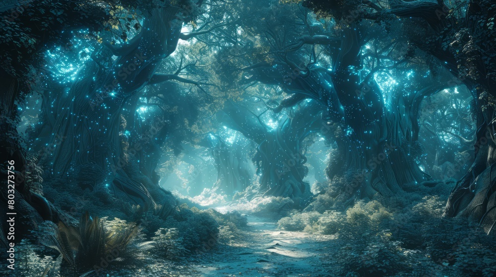 Aufkleber a forest with trees glowing in the dark. scene is mysterious and eerie. the trees are illuminated by