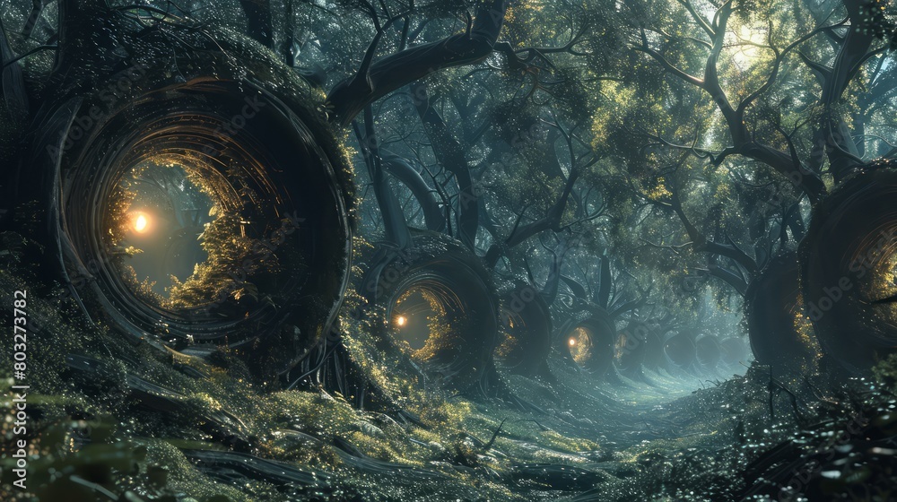 Aufkleber a forest with a path that is illuminated by a light