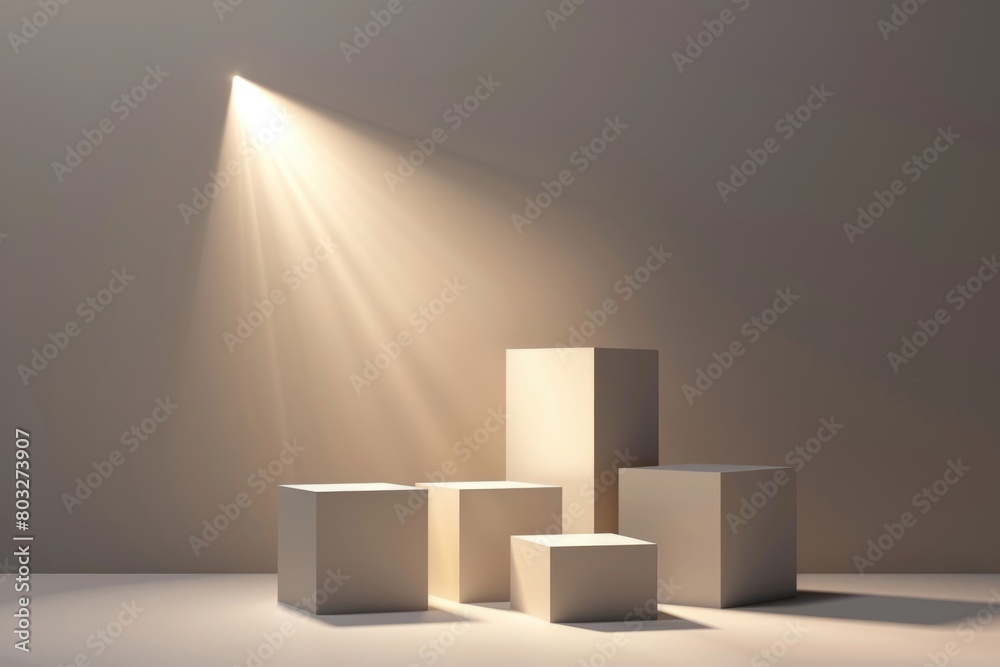 Poster white cubes arranged on a white floor, suitable for minimalist design concepts