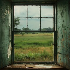 A Serene View: Gazing at a Vast Country Field Through a Rustic Window, Embracing the Beauty of Nature and Tranquility
