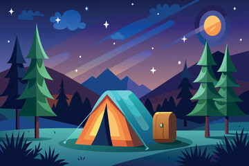 A tranquil campsite with a tent at night, surrounded by stars and pine trees