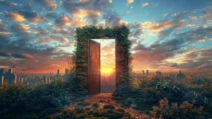 A door is open in a lush green field with a sunset in the background. The scene is peaceful and serene, with the door leading to a world beyond