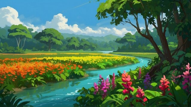 Idyllic land of exotic lakes and plants, realism art