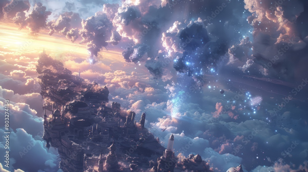 Poster A beautiful sky with a large building in the middle. The sky is filled with clouds and the sun is setting