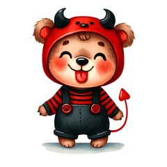 A mischievous teddy bear in a devil costume with horns and a tail, playfully sticking its tongue out. Cute illustration for Halloween-themed designs.
