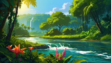 Illustration of an exotic waterfall in anime style