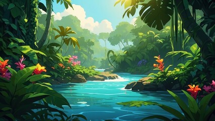 Fototapeta na wymiar Illustration of an exotic waterfall in anime style