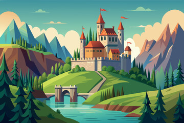 Naklejka premium Majestic castle atop rolling hills surrounded by nature tranquility