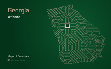 Georgia Map with a capital of Atlanta Shown in a Microchip Pattern. E-government. TSMC. American states vector maps. Microchip Series