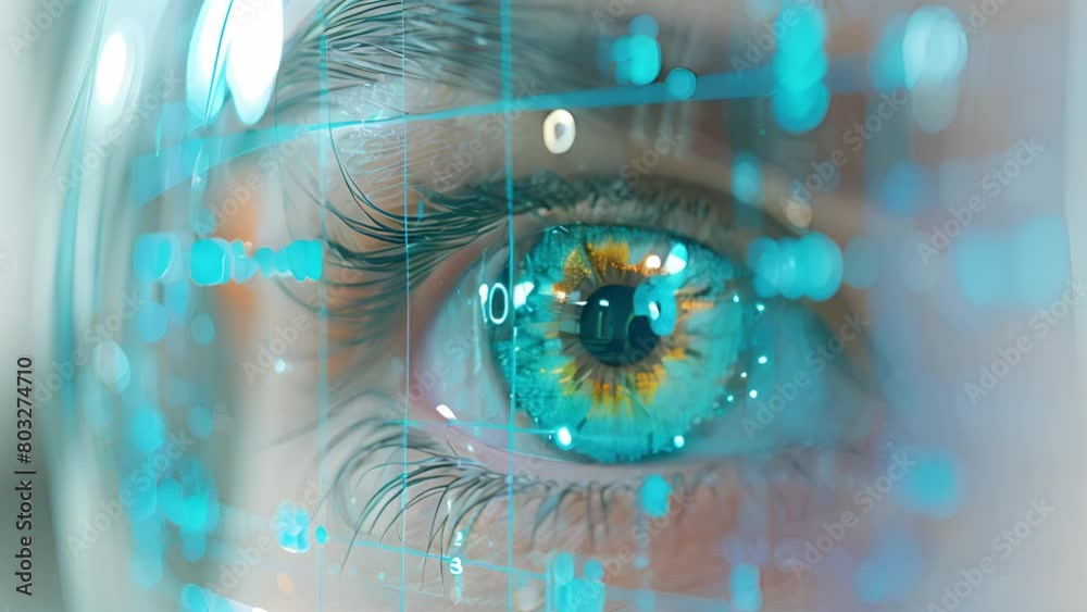 Aufkleber macro shot of a human eye with high-tech digital graphics superimposed.