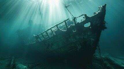 An old ship long ago sunk at the bottom of the blue sea water with shining sunlight. AI generated