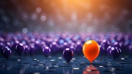 A 3D render of one orange balloon standing out from the crowd, surrounded by blue and purple balloons on a grey background.