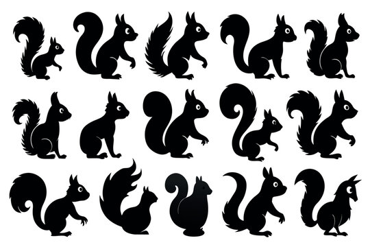 Black silhouettes of squirrels showcasing different stances and movements