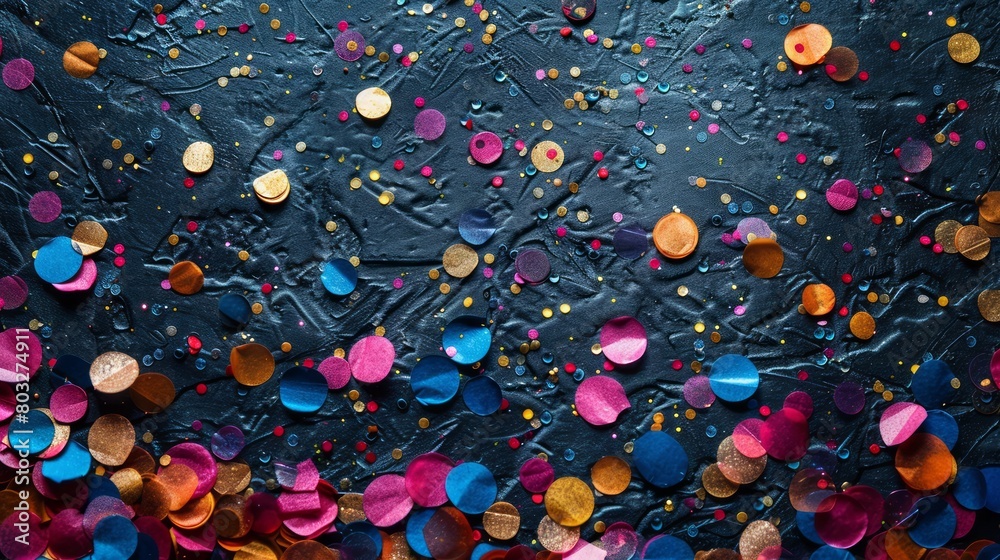 Poster A colorful background with many small round dots. The dots are of different colors and sizes. The background is blue and the dots are scattered all over it