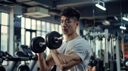 A young man works on his biceps with dumbbells in a gym.